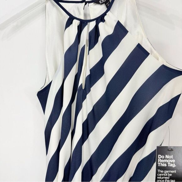 Express Navy Blue Cream Diagonal Stripe Sashed Nautical Coastal Halter Dress NEW - Picture 6 of 16